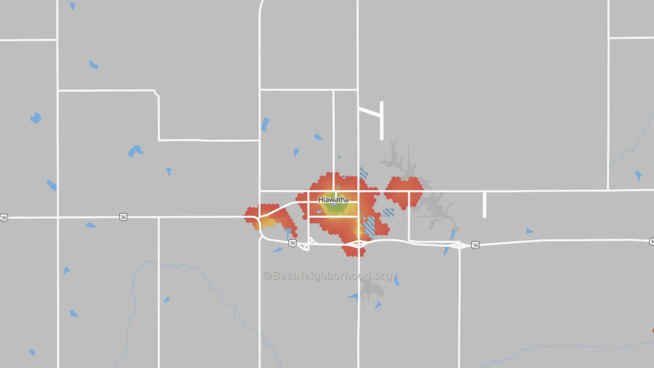 Walk Grade map of 66434, KS, walkable areas in green and car-dependent areas in red