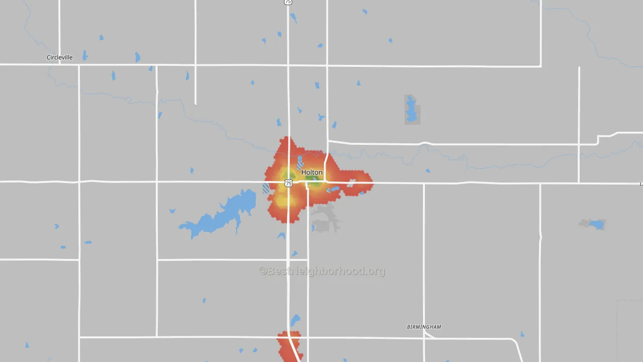 Walk Grade map of 66436, KS, walkable areas in green and car-dependent areas in red