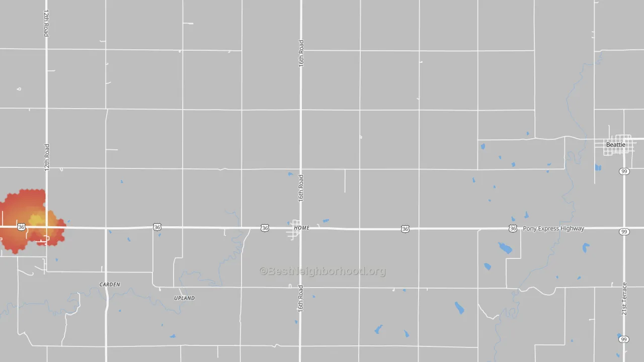 Walk Grade map of 66438, KS, walkable areas in green and car-dependent areas in red