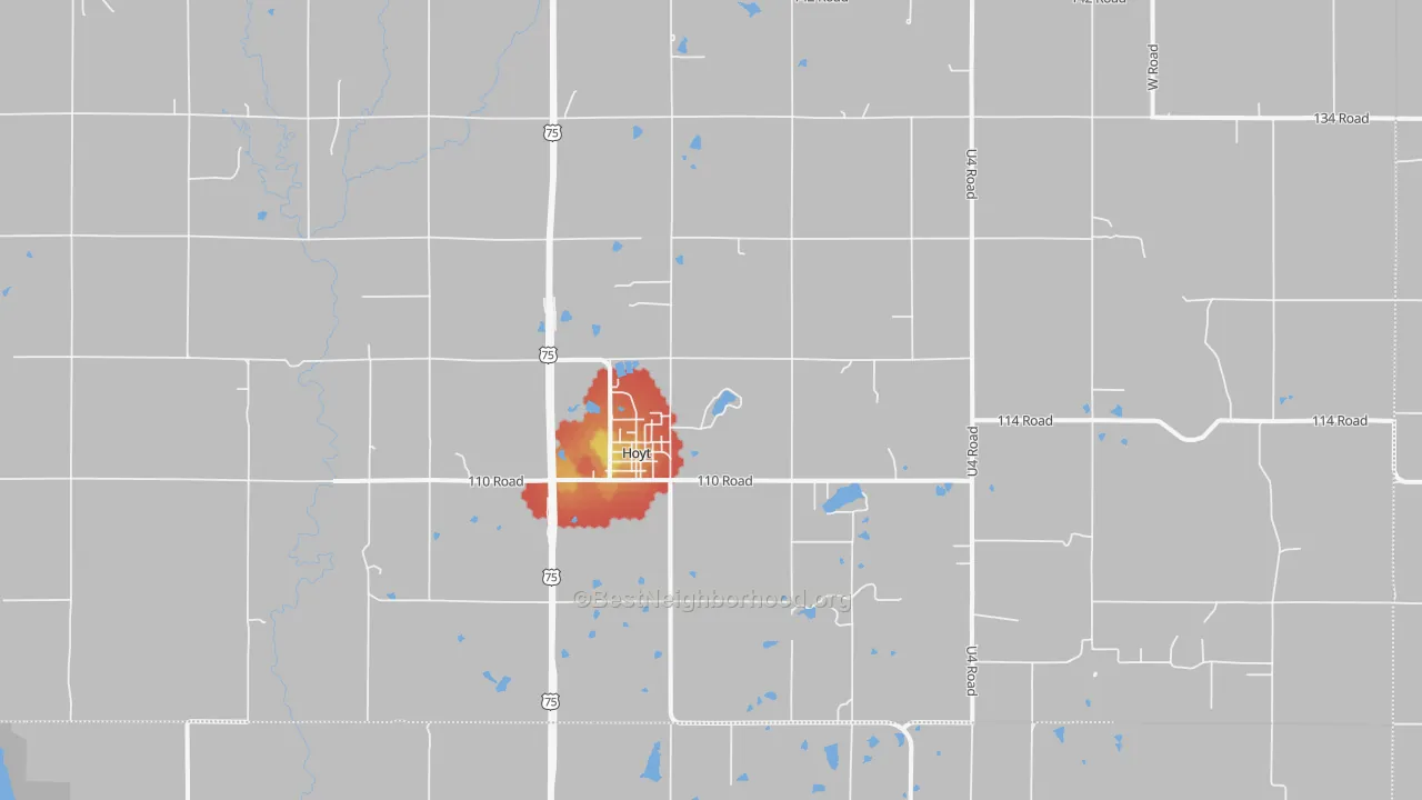 Walk Grade map of 66440, KS, walkable areas in green and car-dependent areas in red
