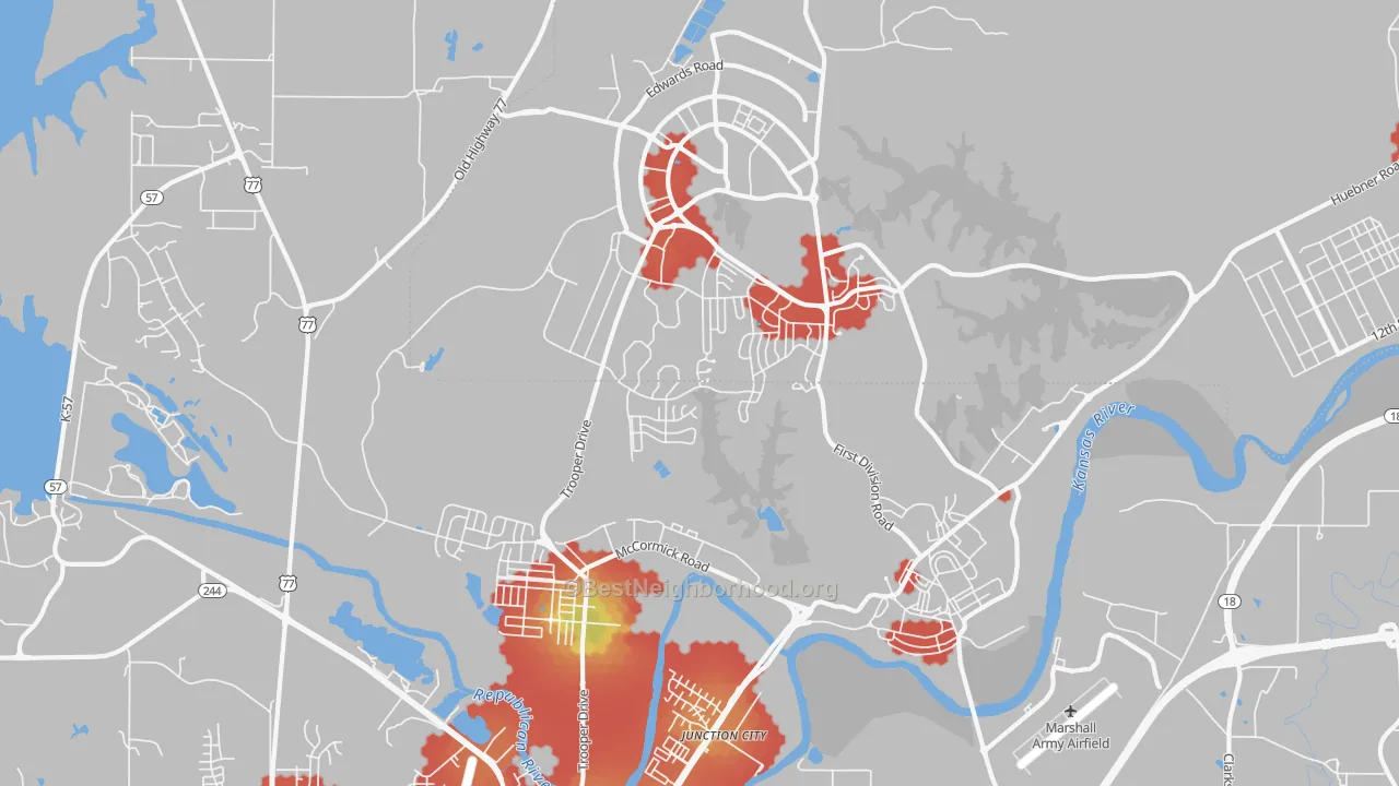 Walk Grade map of 66442, KS, walkable areas in green and car-dependent areas in red