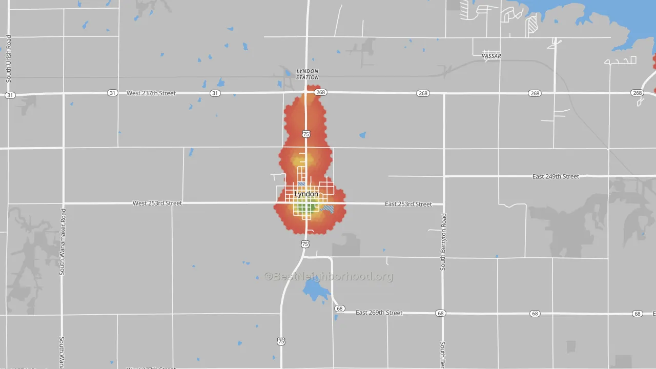 Walk Grade map of 66451, KS, walkable areas in green and car-dependent areas in red