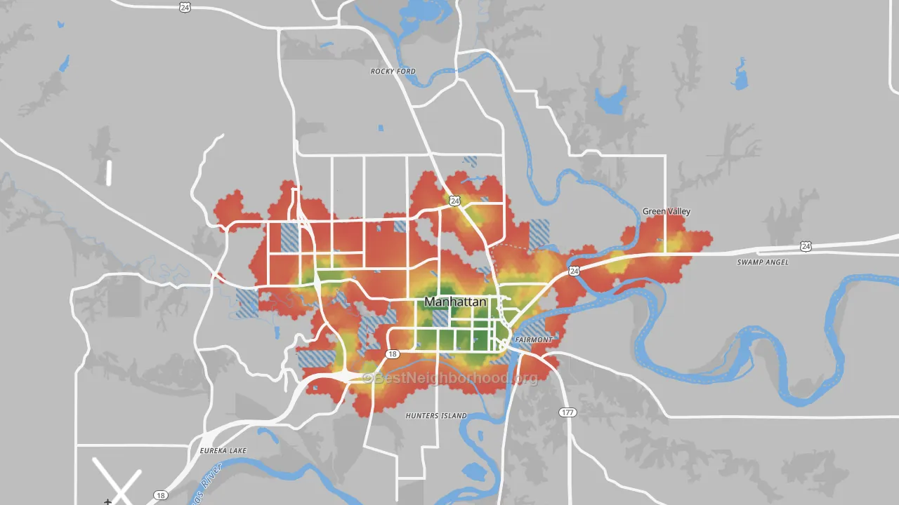 Walk Grade map of 66502, KS, walkable areas in green and car-dependent areas in red