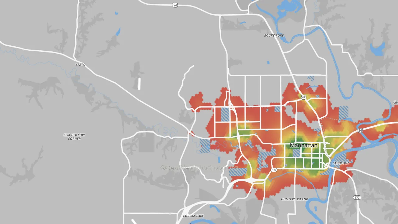 Walk Grade map of 66503, KS, walkable areas in green and car-dependent areas in red