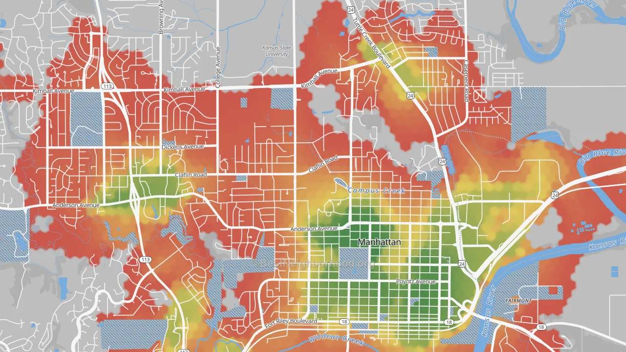 Walk Grade map of 66506, KS, walkable areas in green and car-dependent areas in red