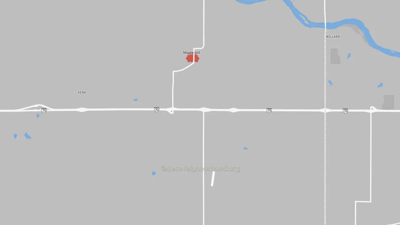 Walk Grade map of 66507, KS, walkable areas in green and car-dependent areas in red