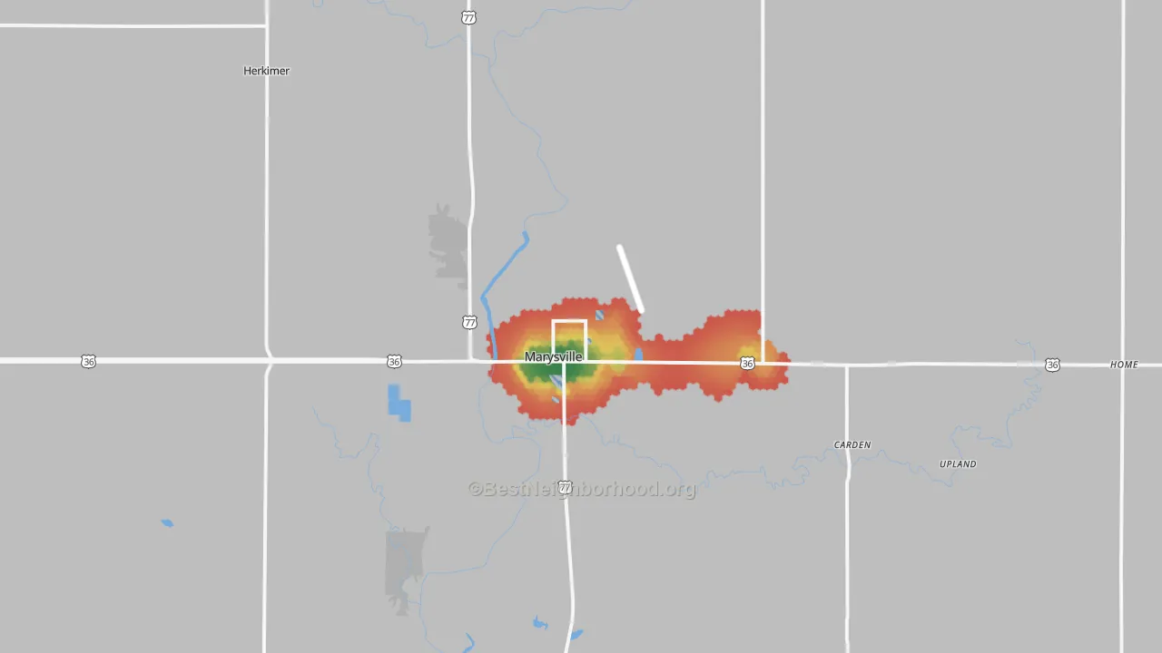 Walk Grade map of 66508, KS, walkable areas in green and car-dependent areas in red