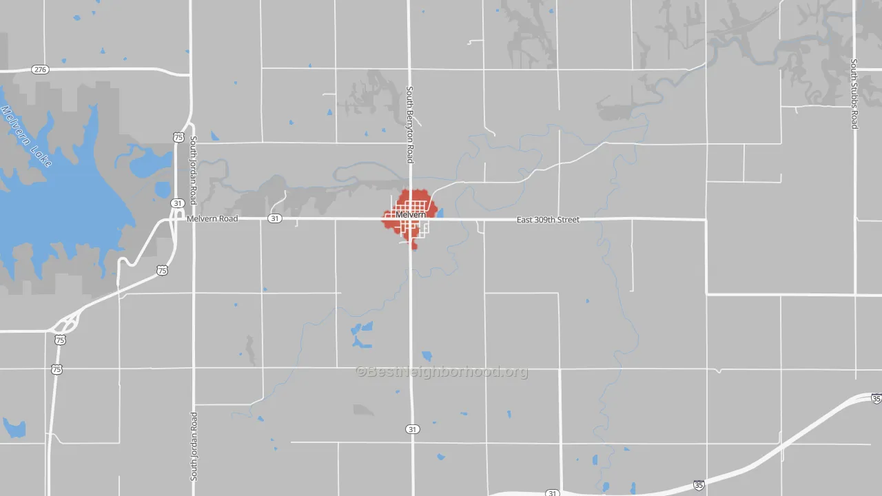 Walk Grade map of 66510, KS, walkable areas in green and car-dependent areas in red