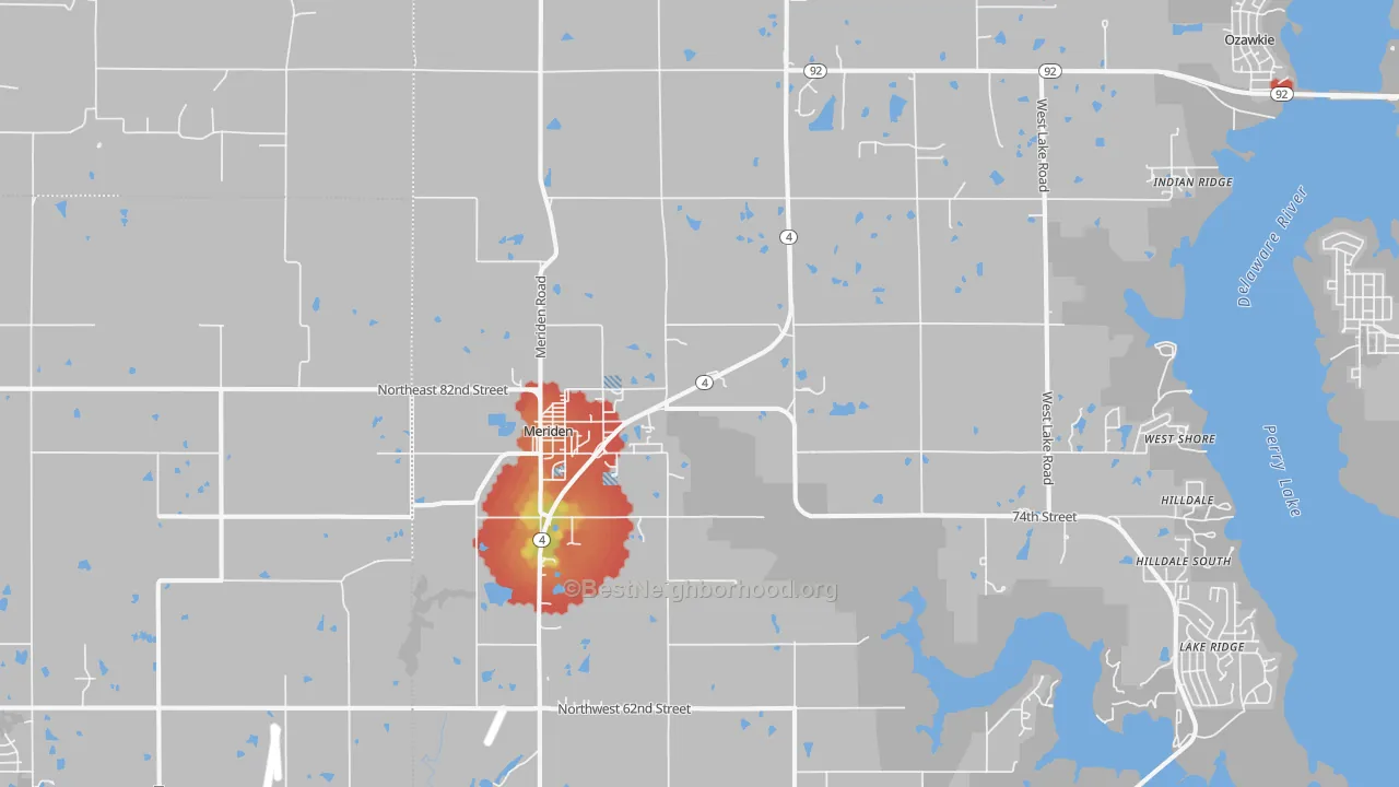 Walk Grade map of 66512, KS, walkable areas in green and car-dependent areas in red