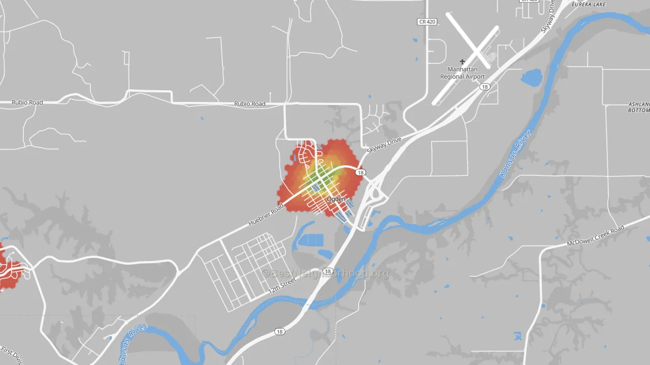 Walk Grade map of 66517, KS, walkable areas in green and car-dependent areas in red