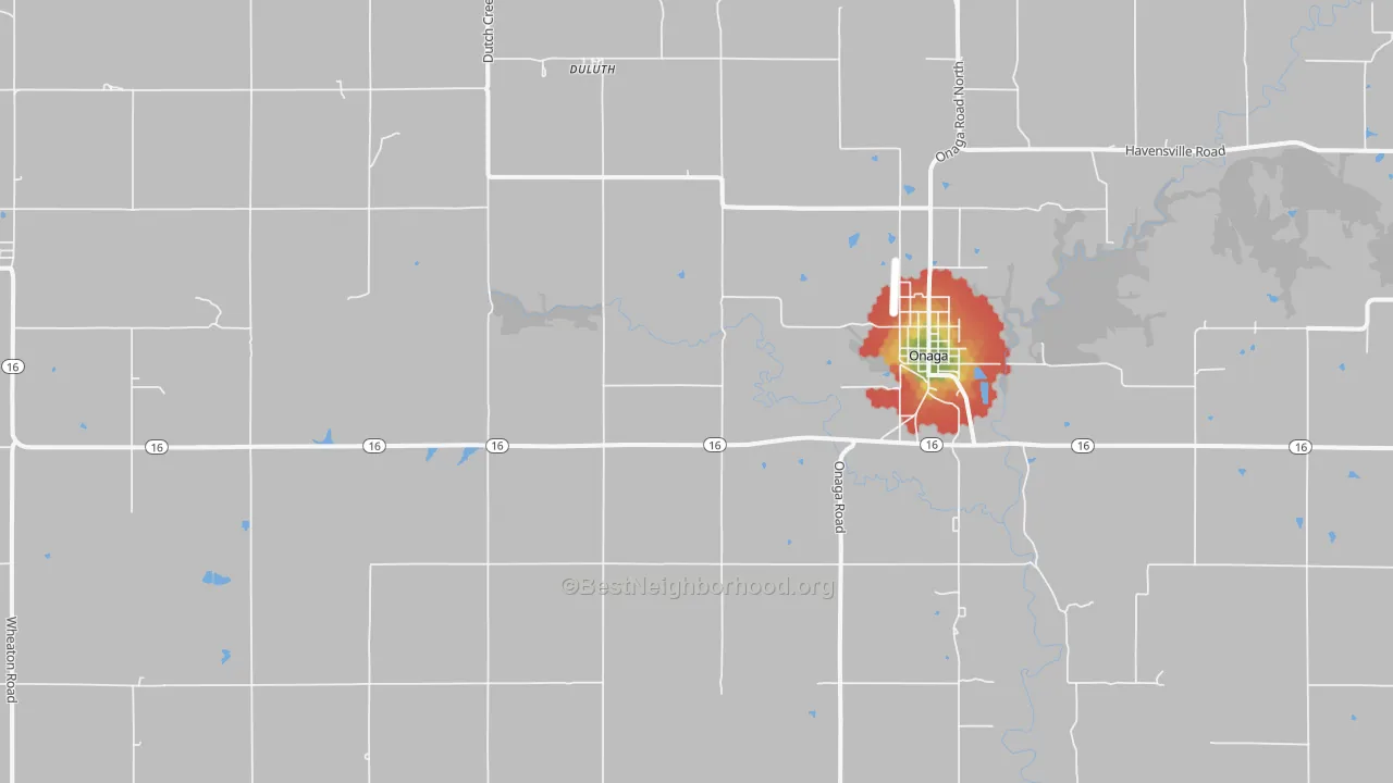 Walk Grade map of 66521, KS, walkable areas in green and car-dependent areas in red