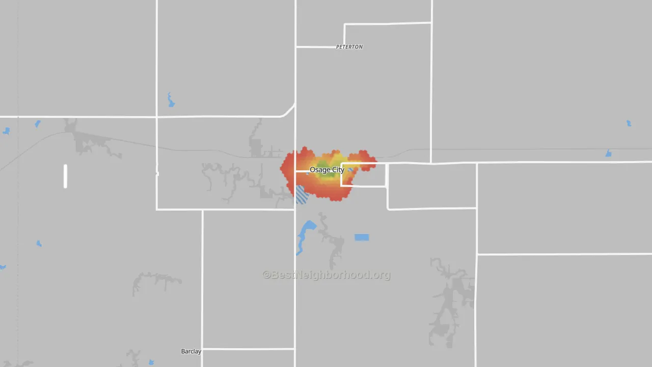 Walk Grade map of 66523, KS, walkable areas in green and car-dependent areas in red