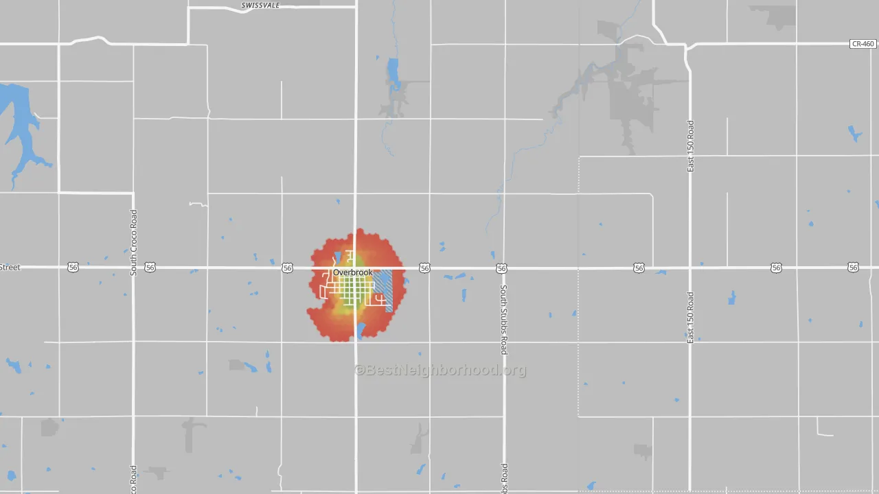 Walk Grade map of 66524, KS, walkable areas in green and car-dependent areas in red