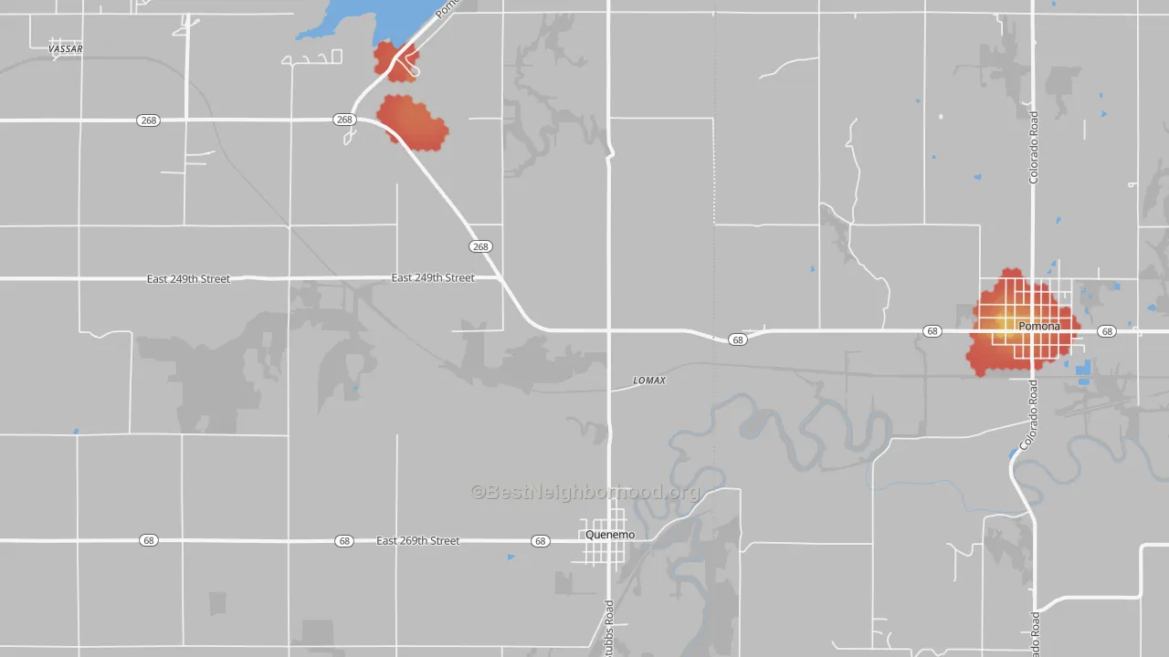 Walk Grade map of 66528, KS, walkable areas in green and car-dependent areas in red