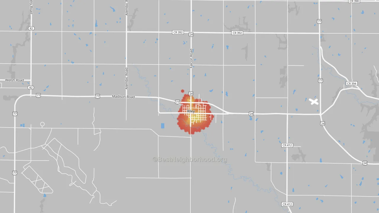Walk Grade map of 66531, KS, walkable areas in green and car-dependent areas in red