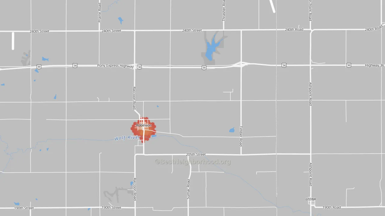 Walk Grade map of 66532, KS, walkable areas in green and car-dependent areas in red