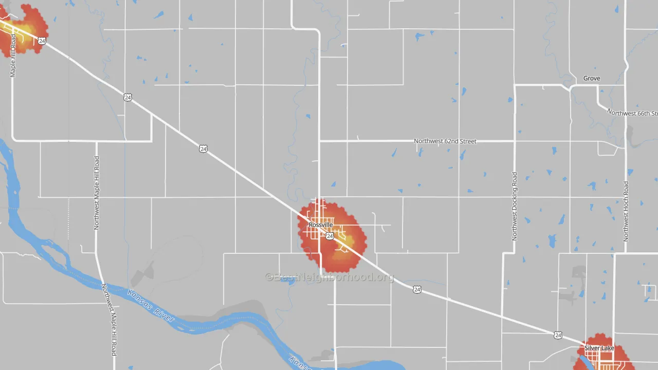 Walk Grade map of 66533, KS, walkable areas in green and car-dependent areas in red