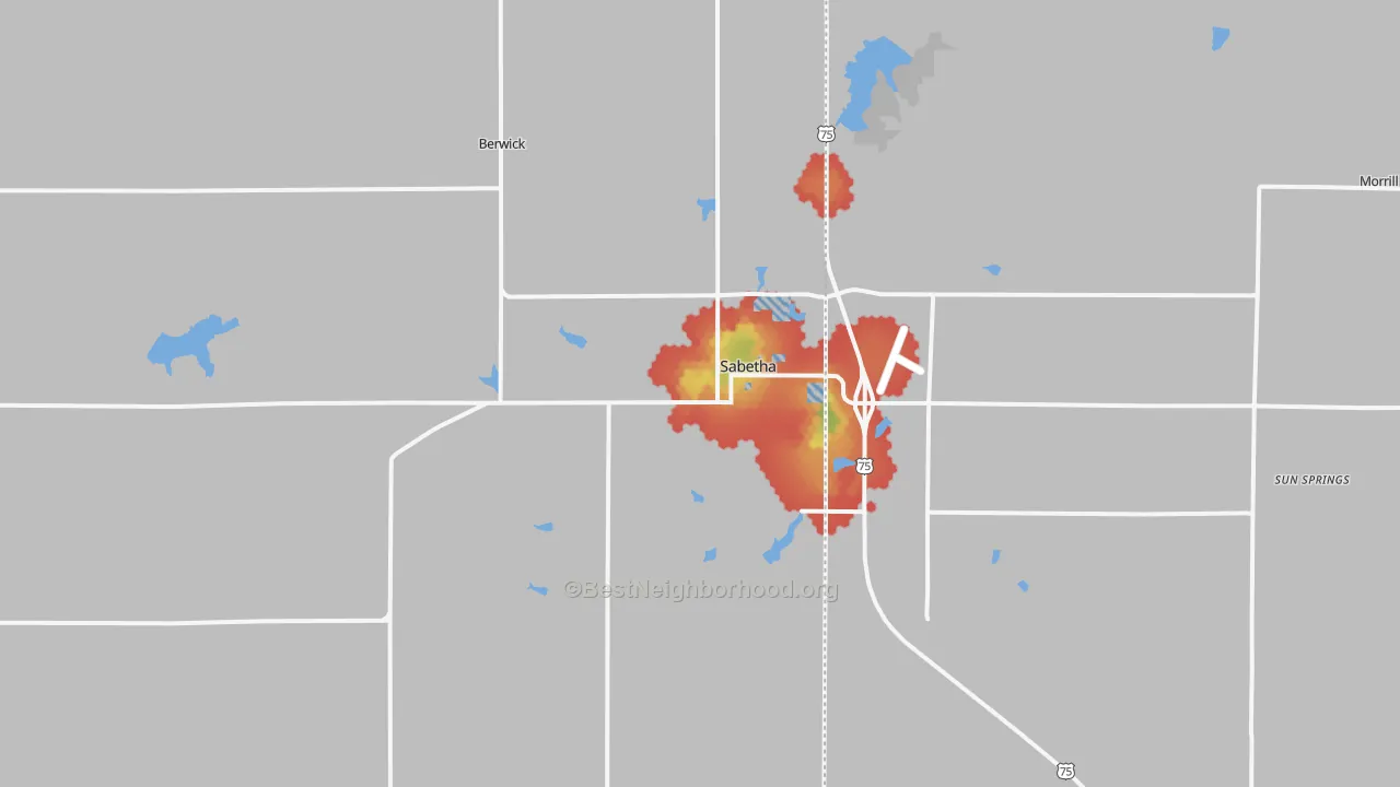 Walk Grade map of 66534, KS, walkable areas in green and car-dependent areas in red
