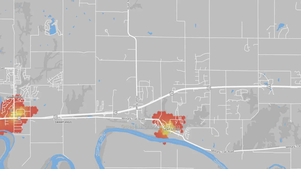 Walk Grade map of 66535, KS, walkable areas in green and car-dependent areas in red