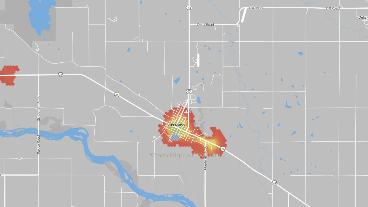 Walk Grade map of 66536, KS, walkable areas in green and car-dependent areas in red