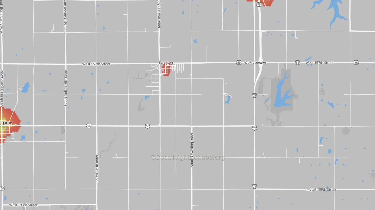 Walk Grade map of 66537, KS, walkable areas in green and car-dependent areas in red