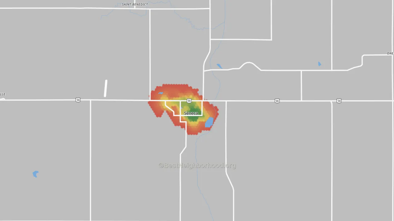 Walk Grade map of 66538, KS, walkable areas in green and car-dependent areas in red