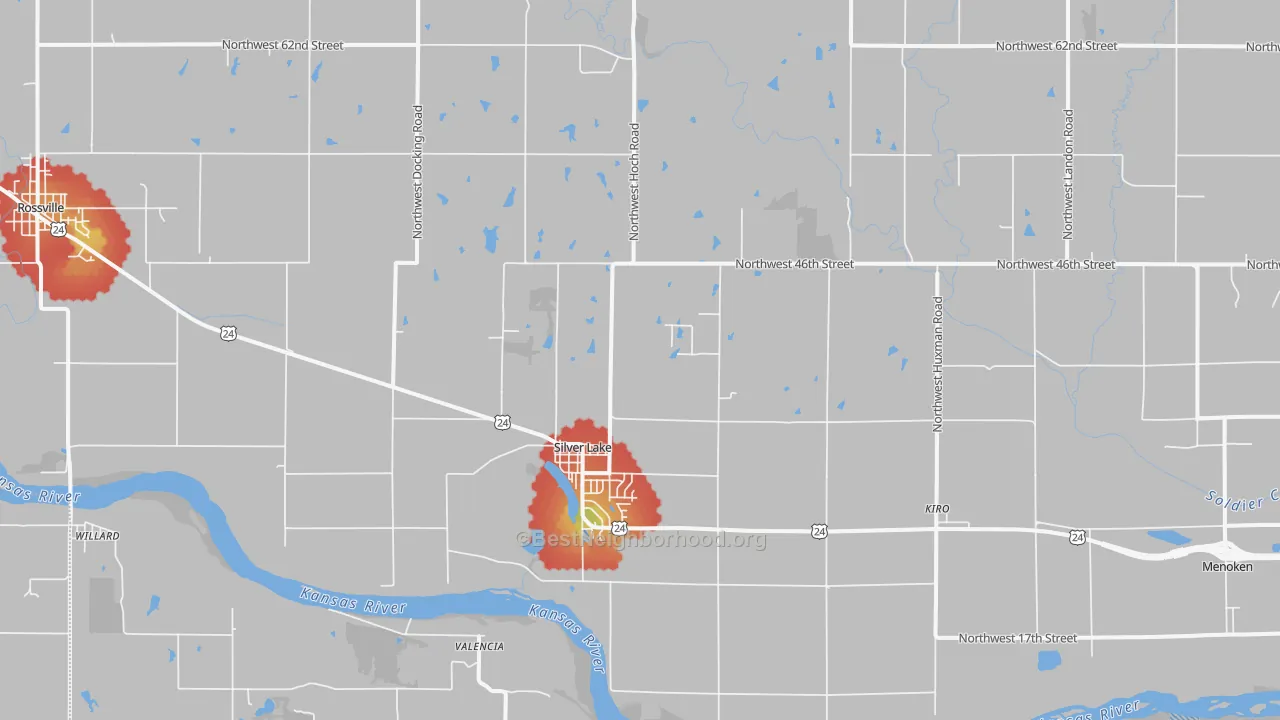 Walk Grade map of 66539, KS, walkable areas in green and car-dependent areas in red
