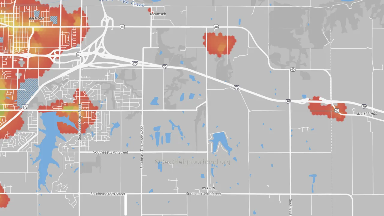 Walk Grade map of 66542, KS, walkable areas in green and car-dependent areas in red