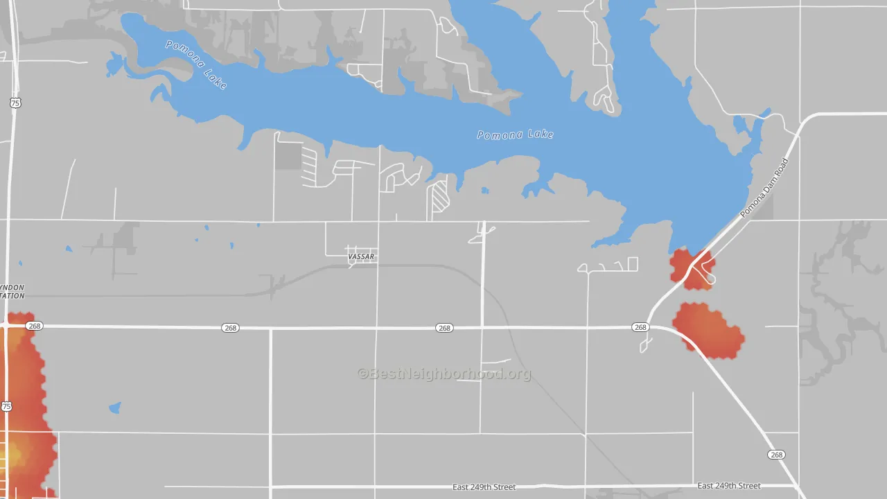 Walk Grade map of 66543, KS, walkable areas in green and car-dependent areas in red