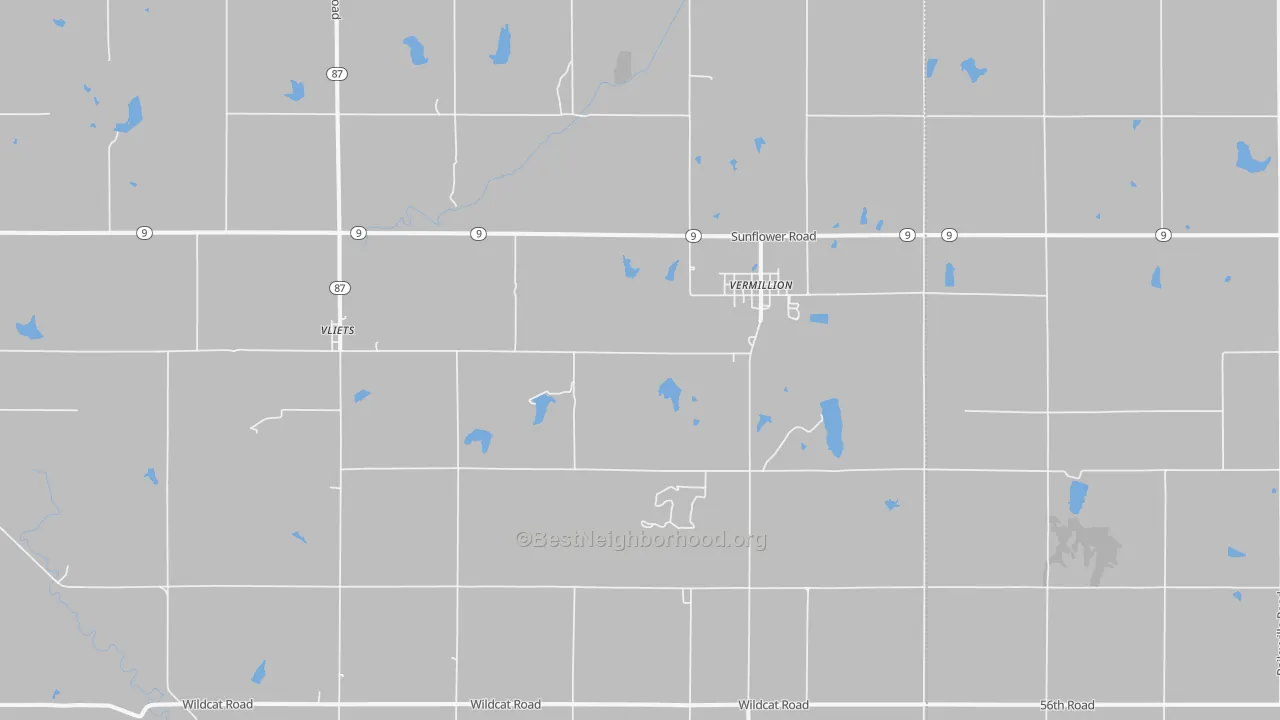 Walk Grade map of 66544, KS, walkable areas in green and car-dependent areas in red