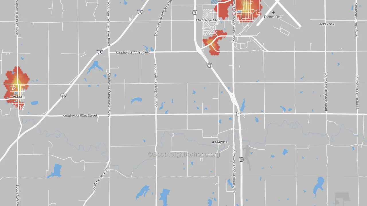 Walk Grade map of 66546, KS, walkable areas in green and car-dependent areas in red