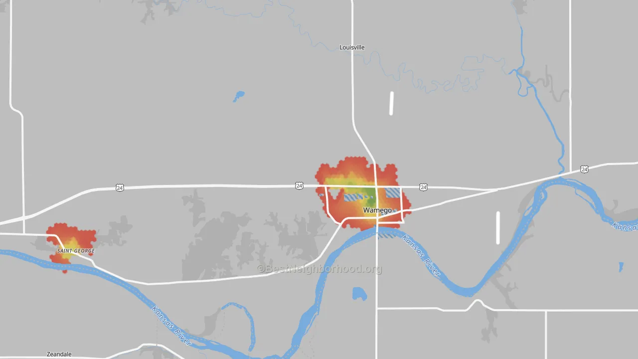 Walk Grade map of 66547, KS, walkable areas in green and car-dependent areas in red