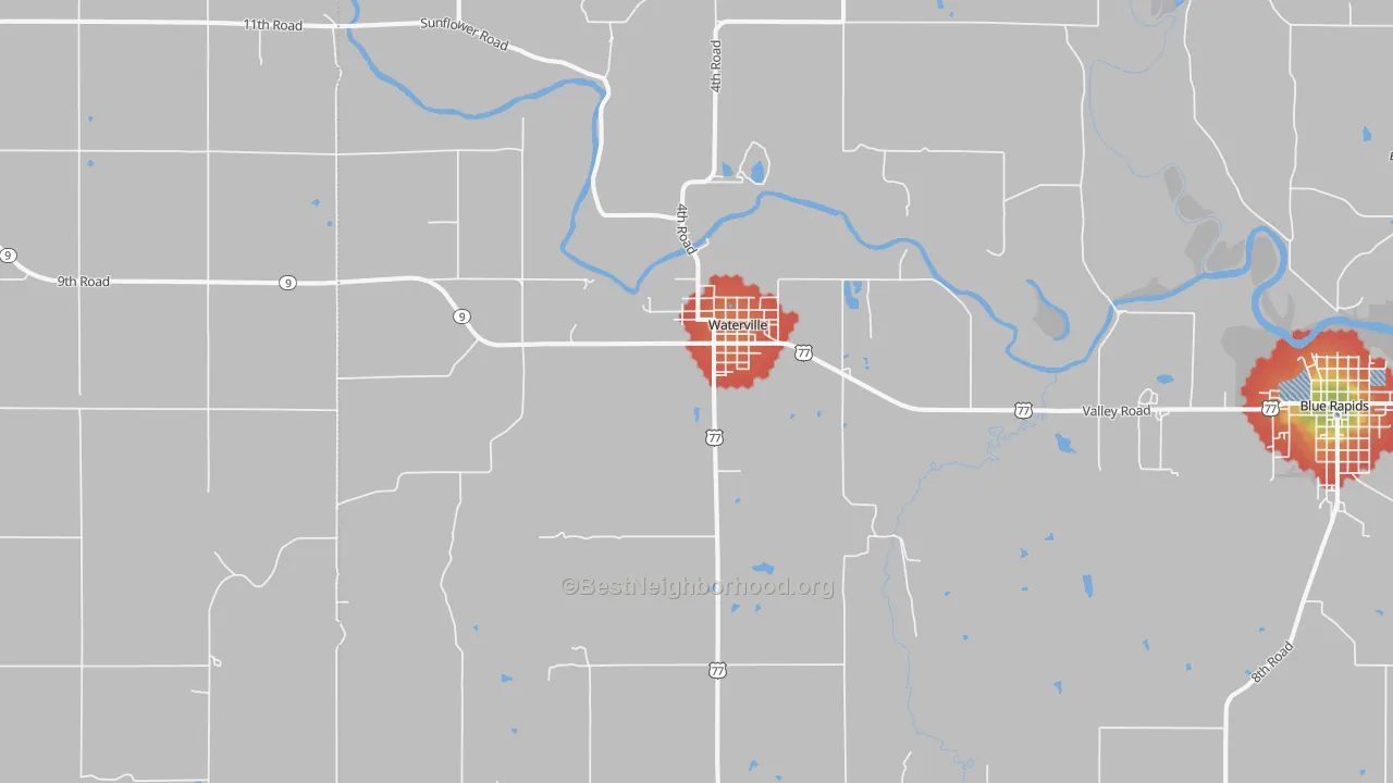 Walk Grade map of 66548, KS, walkable areas in green and car-dependent areas in red