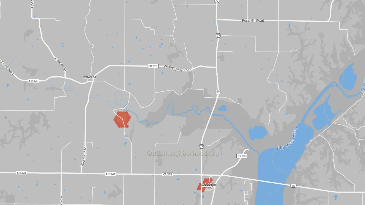 Walk Grade map of 66554, KS, walkable areas in green and car-dependent areas in red