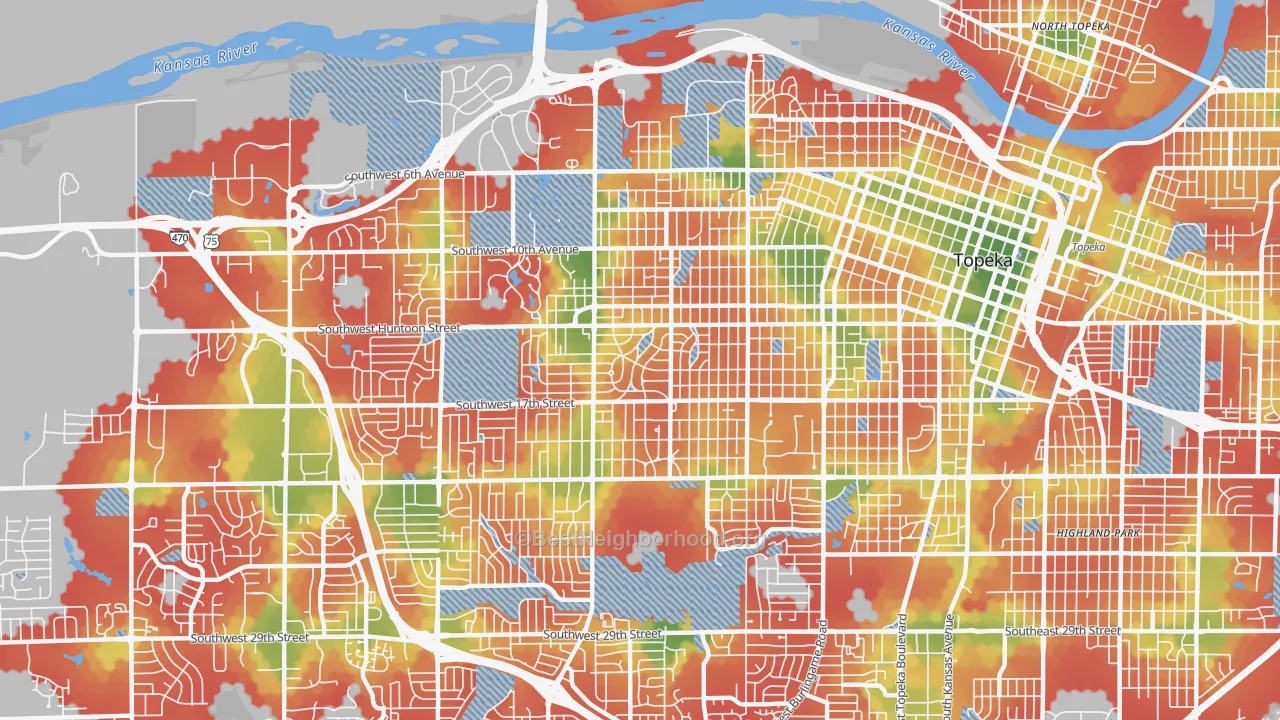 Walk Grade map of 66604, KS, walkable areas in green and car-dependent areas in red