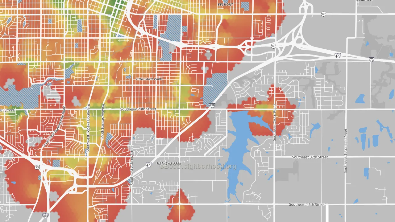 Walk Grade map of 66605, KS, walkable areas in green and car-dependent areas in red