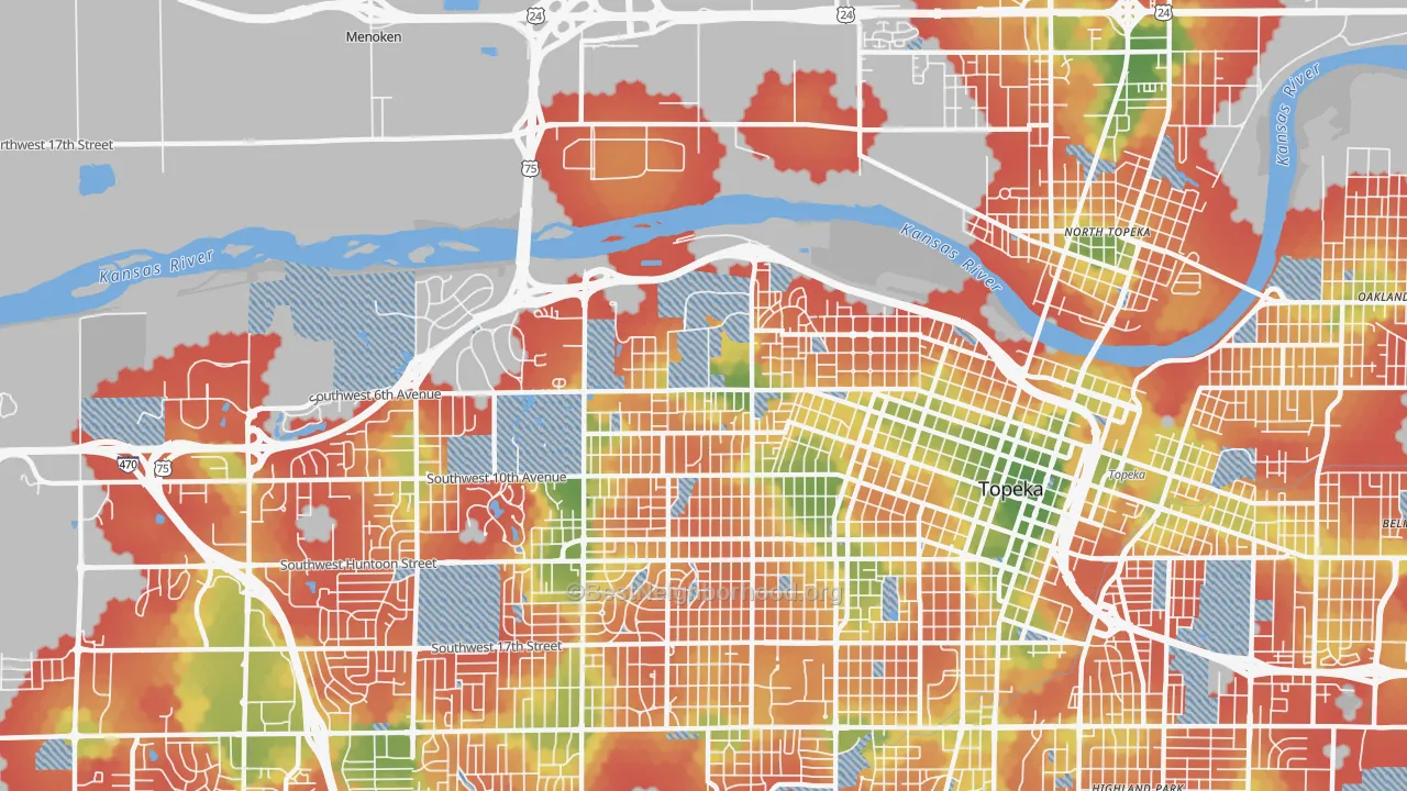 Walk Grade map of 66606, KS, walkable areas in green and car-dependent areas in red