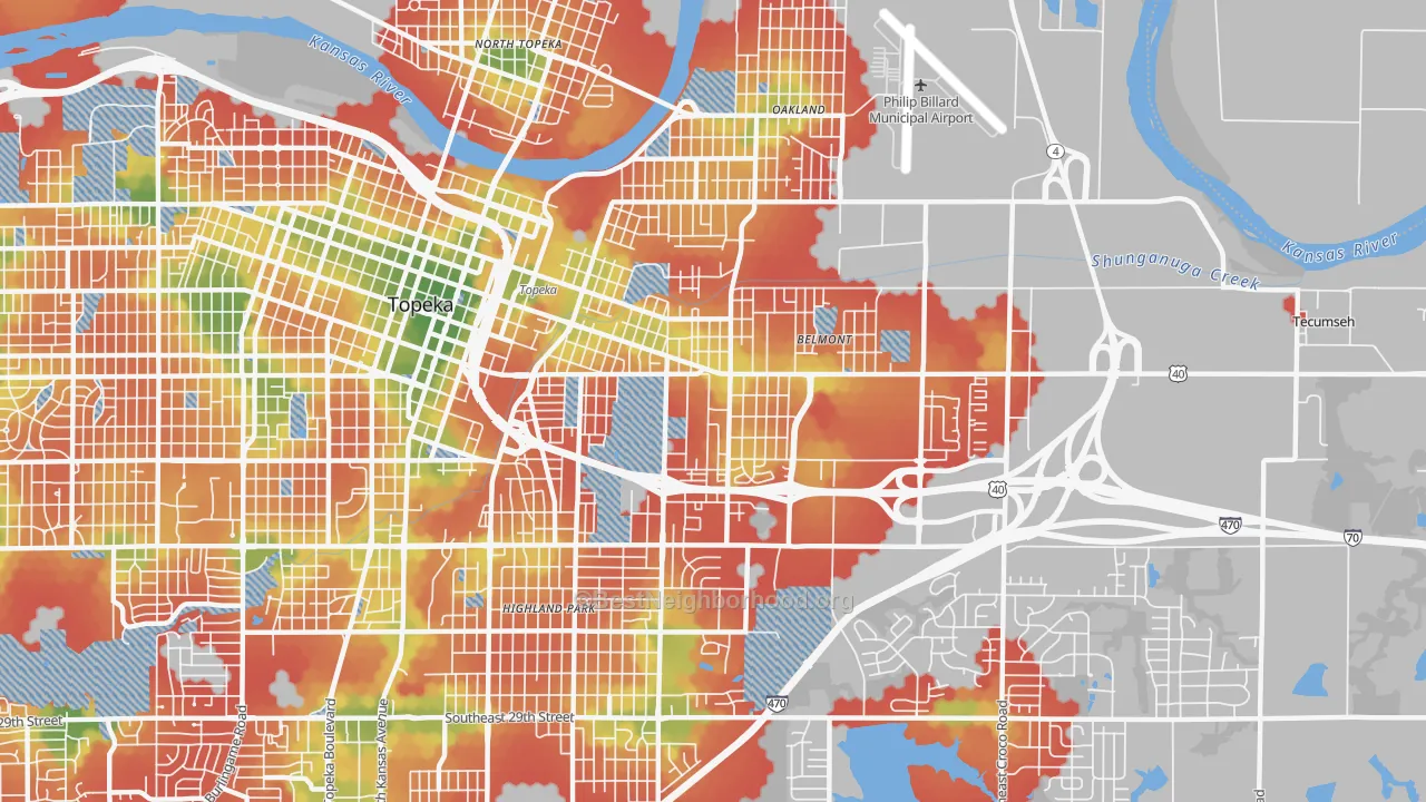 Walk Grade map of 66607, KS, walkable areas in green and car-dependent areas in red