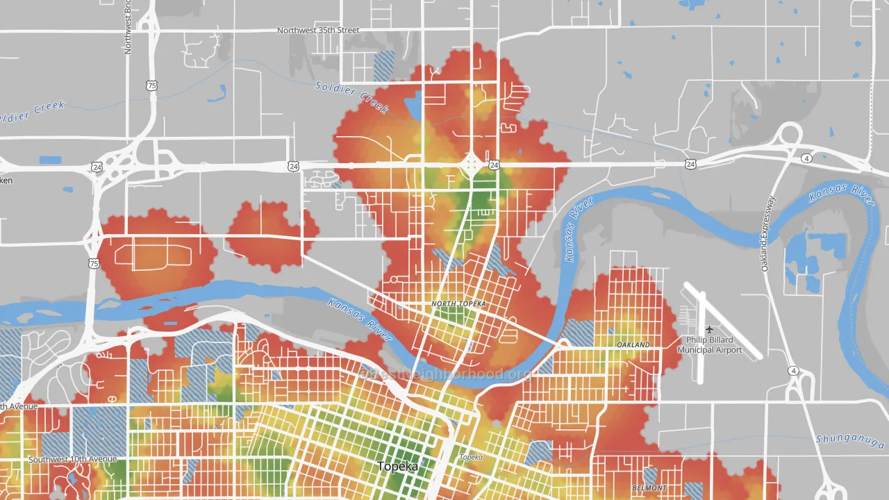 Walk Grade map of 66608, KS, walkable areas in green and car-dependent areas in red