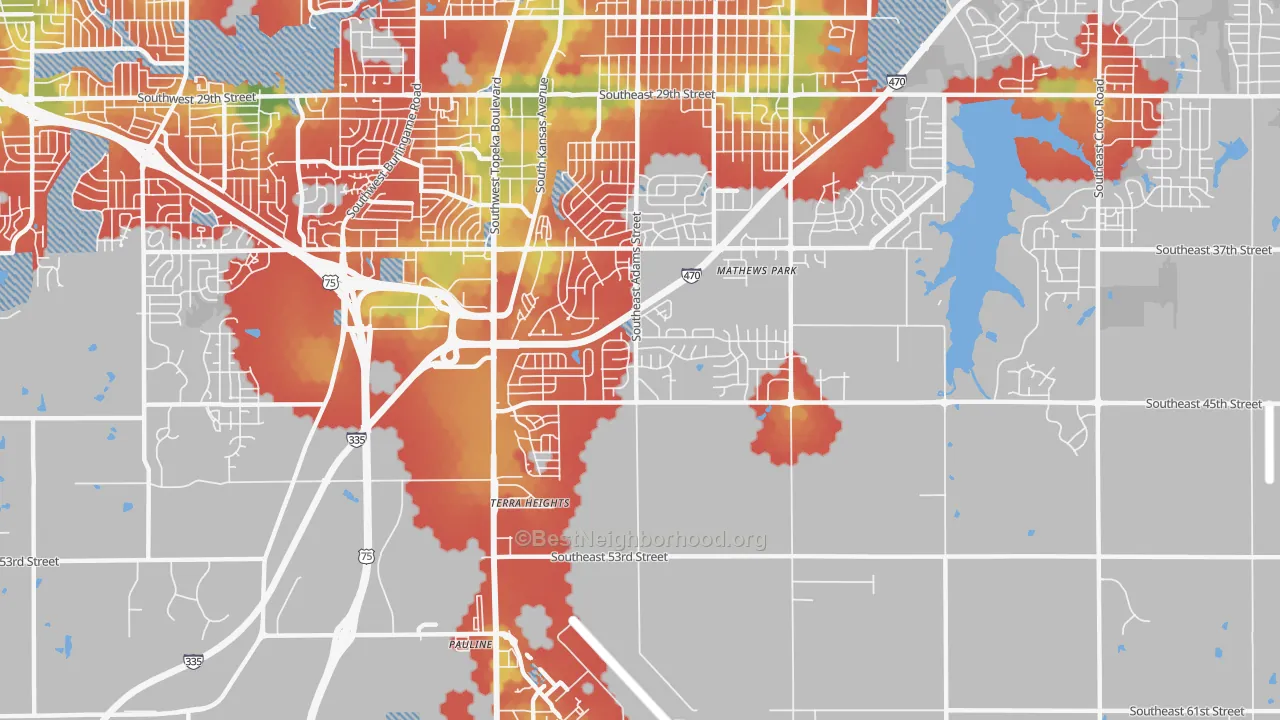 Walk Grade map of 66609, KS, walkable areas in green and car-dependent areas in red