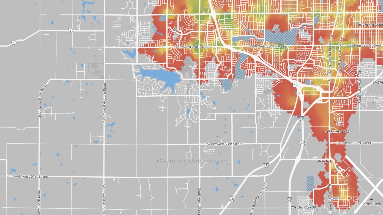 Walk Grade map of 66610, KS, walkable areas in green and car-dependent areas in red