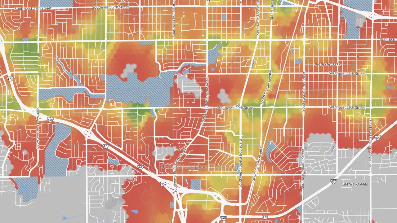 Walk Grade map of 66611, KS, walkable areas in green and car-dependent areas in red