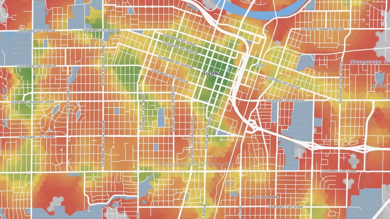 Walk Grade map of 66612, KS, walkable areas in green and car-dependent areas in red
