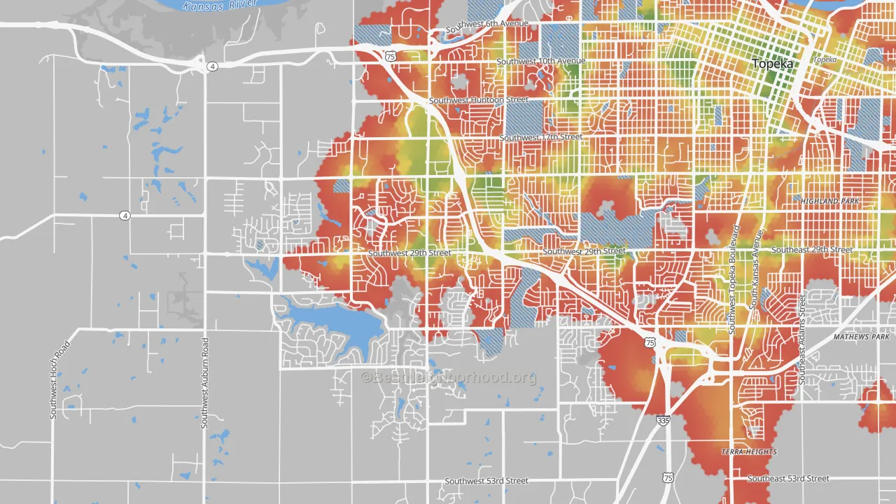 Walk Grade map of 66614, KS, walkable areas in green and car-dependent areas in red