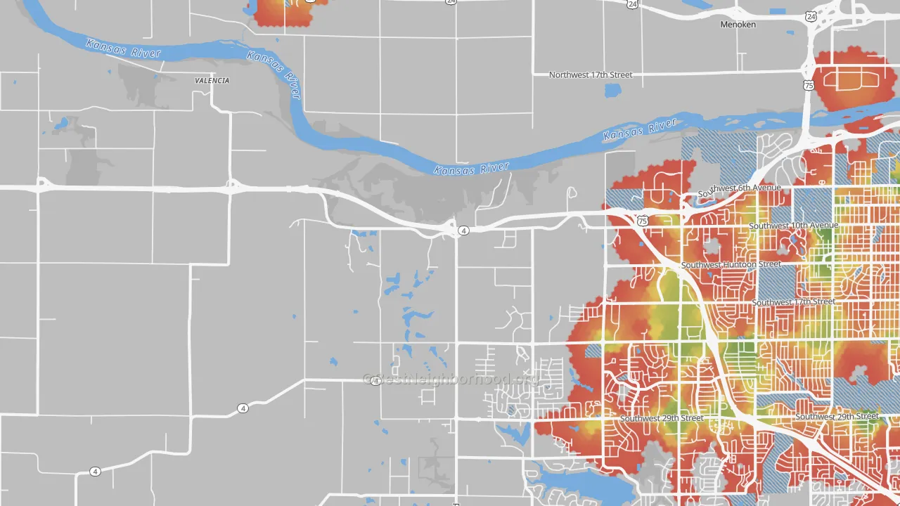 Walk Grade map of 66615, KS, walkable areas in green and car-dependent areas in red