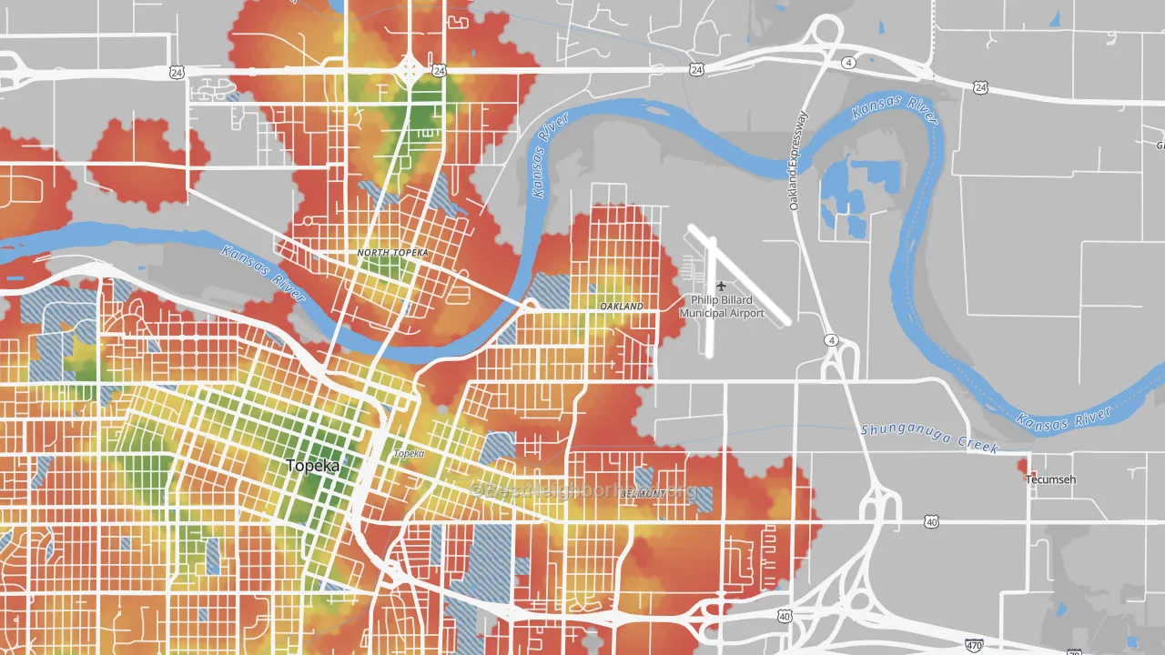 Walk Grade map of 66616, KS, walkable areas in green and car-dependent areas in red