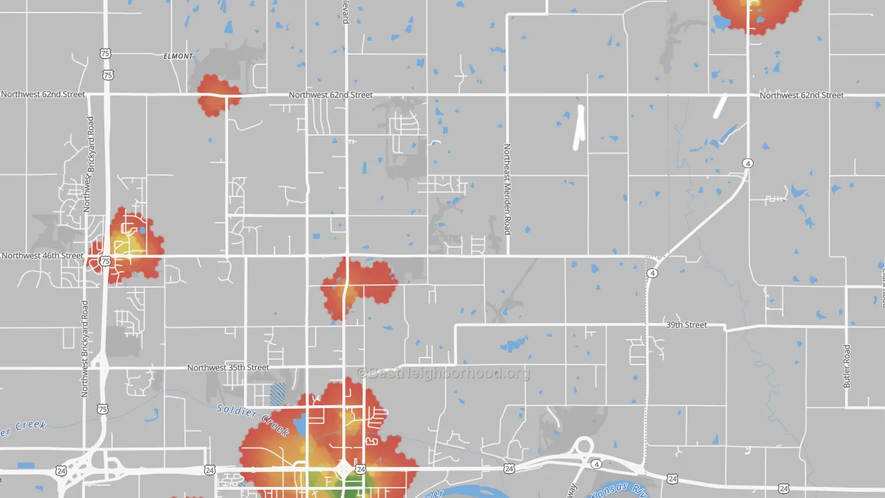 Walk Grade map of 66617, KS, walkable areas in green and car-dependent areas in red