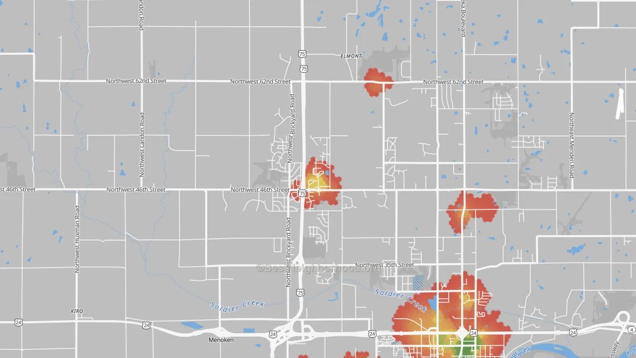 Walk Grade map of 66618, KS, walkable areas in green and car-dependent areas in red
