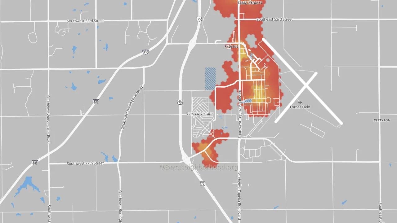 Walk Grade map of 66619, KS, walkable areas in green and car-dependent areas in red