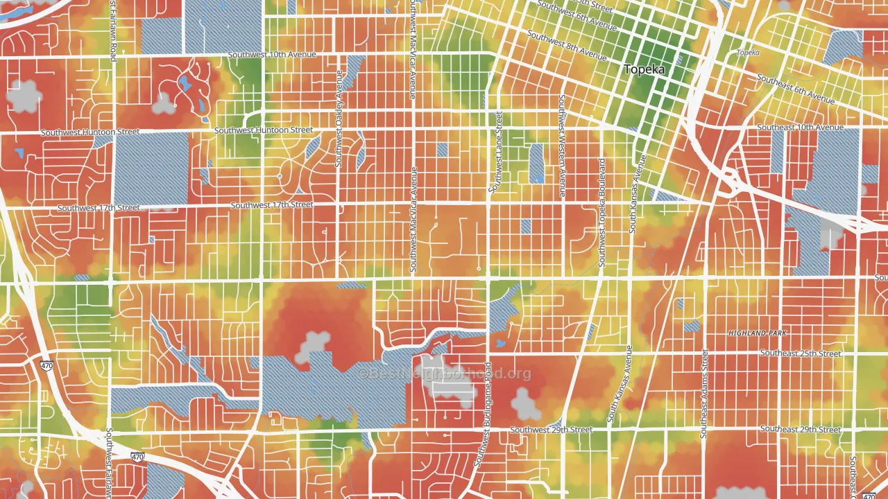 Walk Grade map of 66621, KS, walkable areas in green and car-dependent areas in red